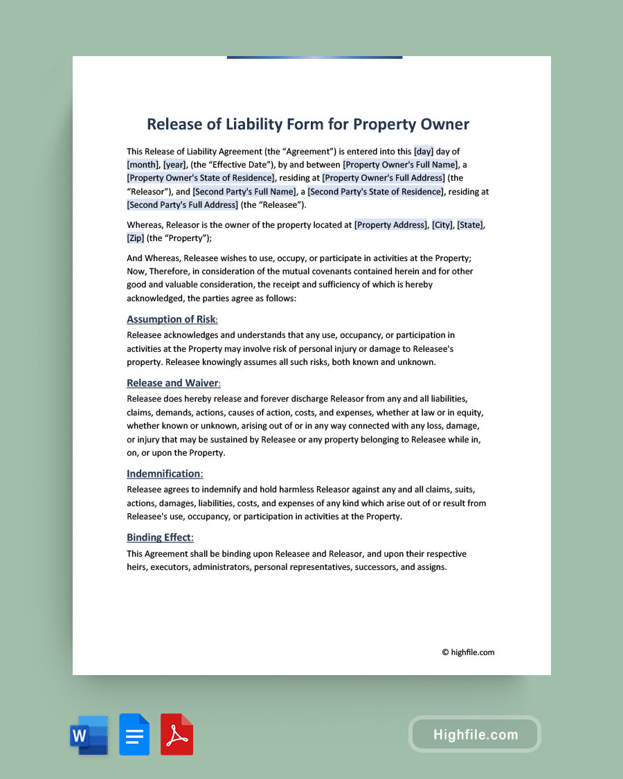 Release of Liability Form for Property Owner - Word, PDF, Google Docs