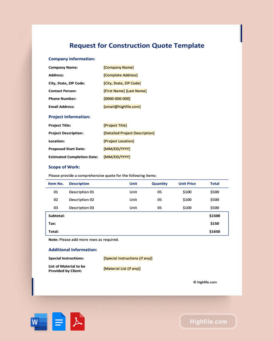 Request for Construction Quote Template - Word, PDF, Google Docs