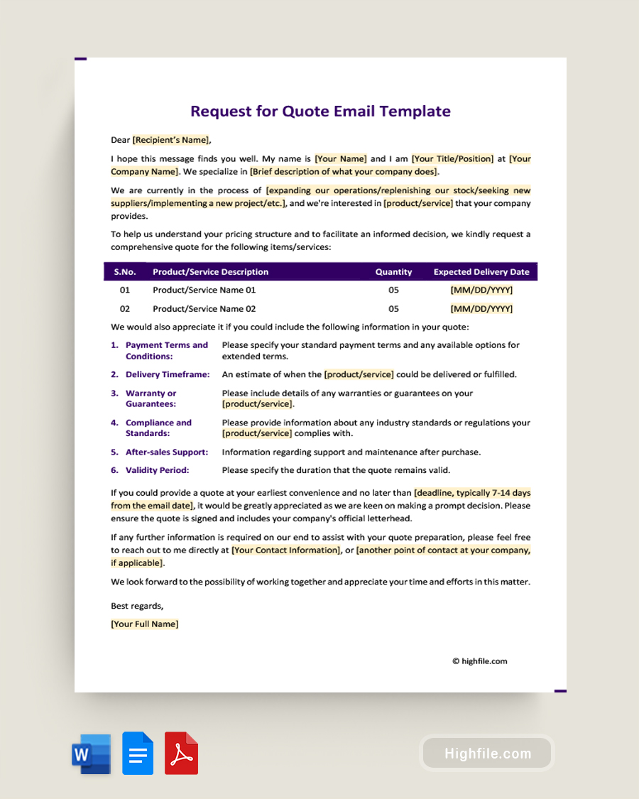 Request for Quote Email Template - Word, PDF, Google Docs