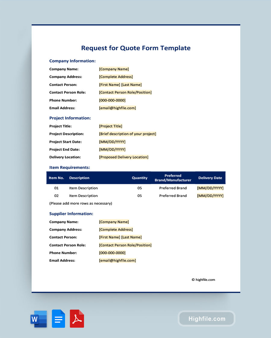 Request for Quote Form Template - Word, PDF, Google Docs