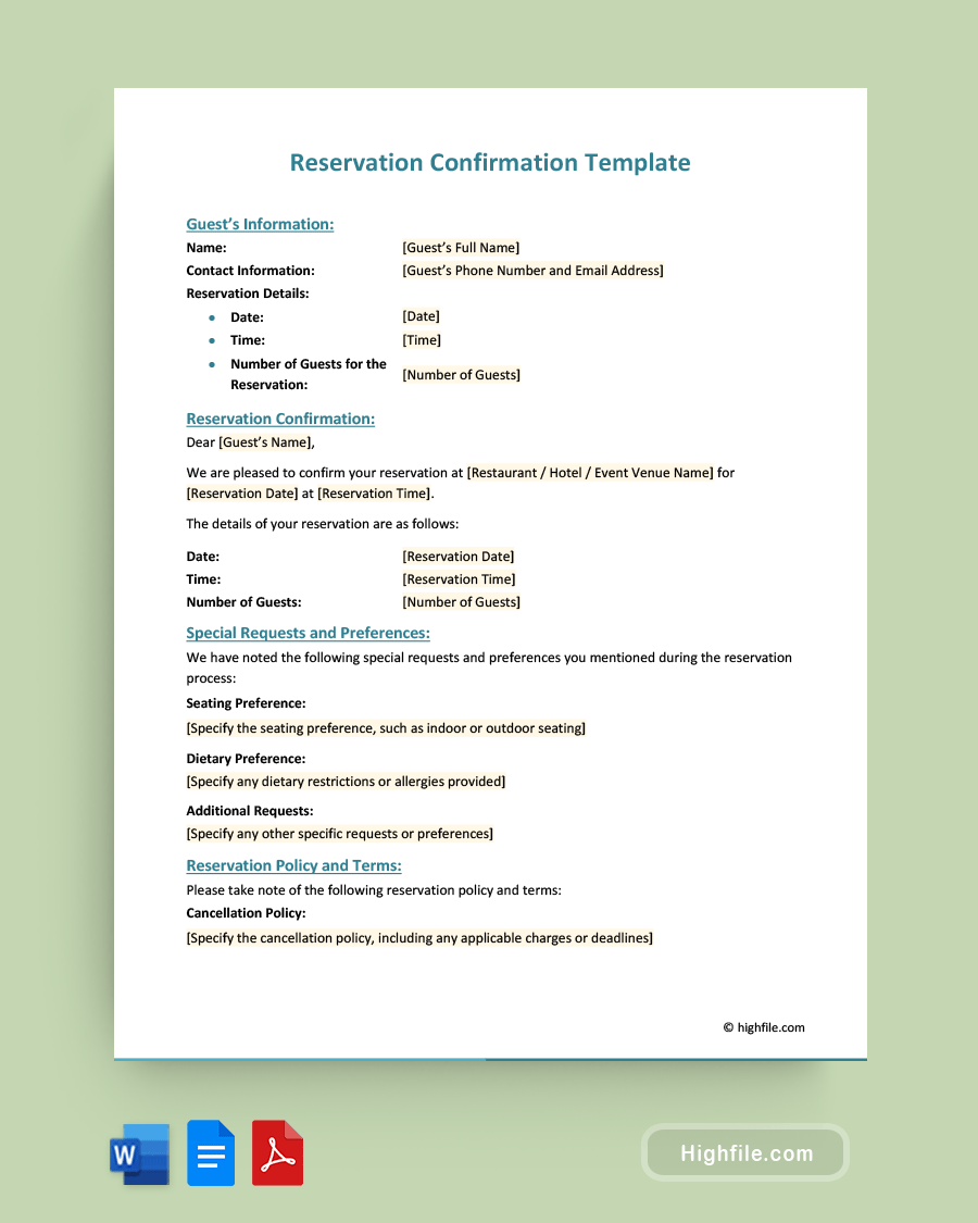 Reservation Confirmation Template - Word, PDF, Google Docs