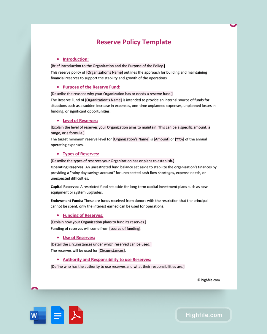 Reserve Policy Template - Word, PDF, Google Docs