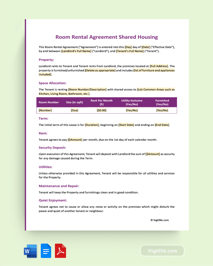 Room Rental Agreement Shared Housing - Word, PDF, Google Docs