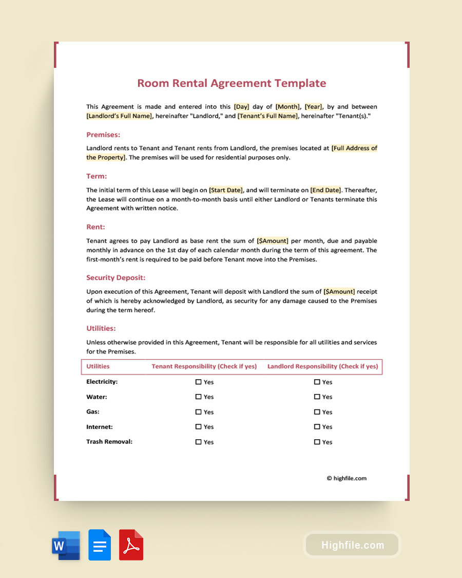 Room Rental Agreement Template - Word, PDF, Google Docs