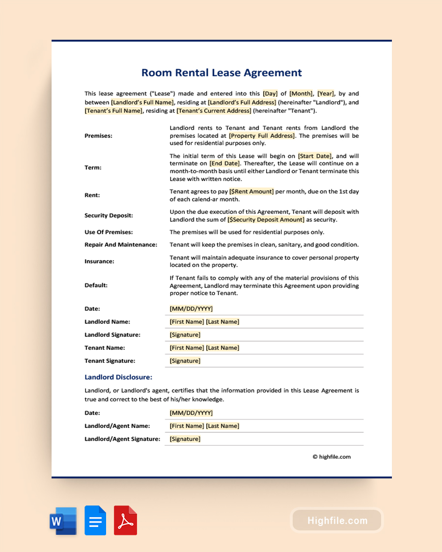 Room Rental Lease Agreement - Word, PDF, Google Docs