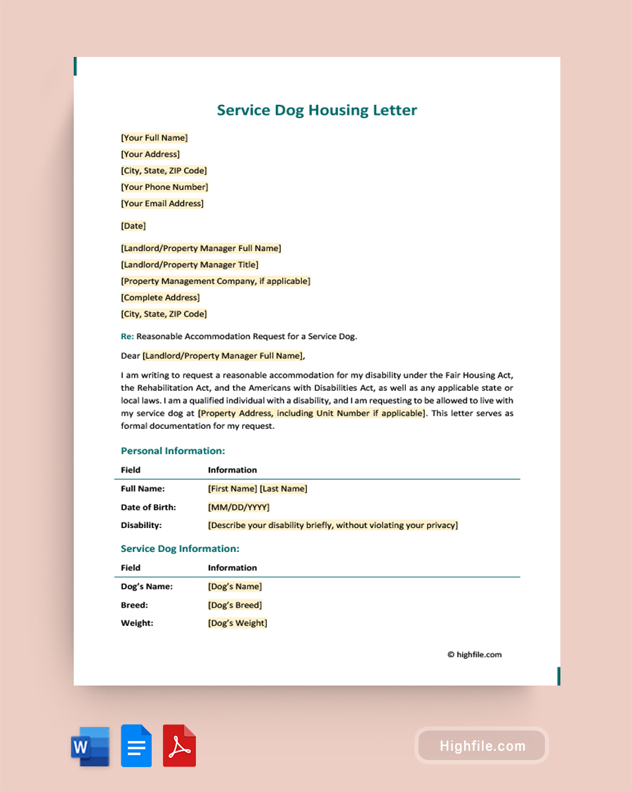 Service Dog Housing Letter - Word, PDF, Google Docs