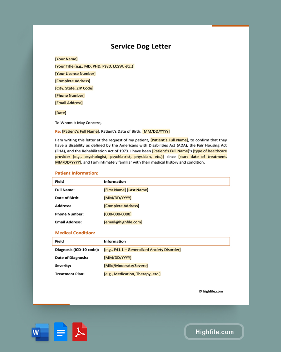 Service Dog Letter - Word, PDF, Google Docs