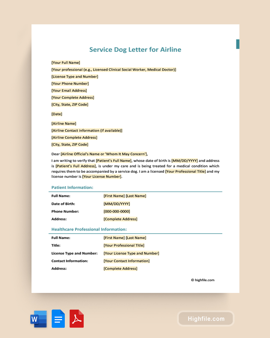 Service Dog Letter for Airline - Word, PDF, Google Docs