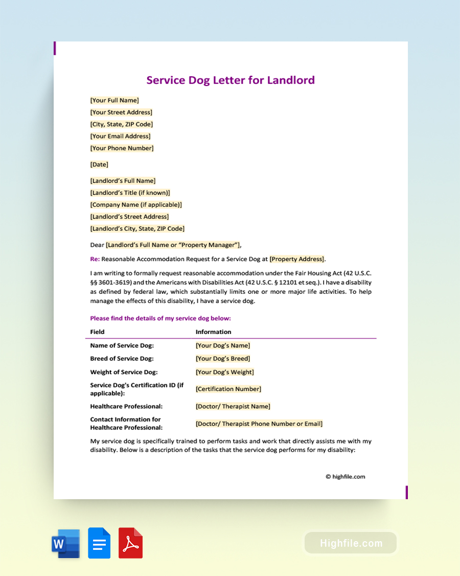 Service Dog Letter for Landlord - Word, PDF, Google Docs