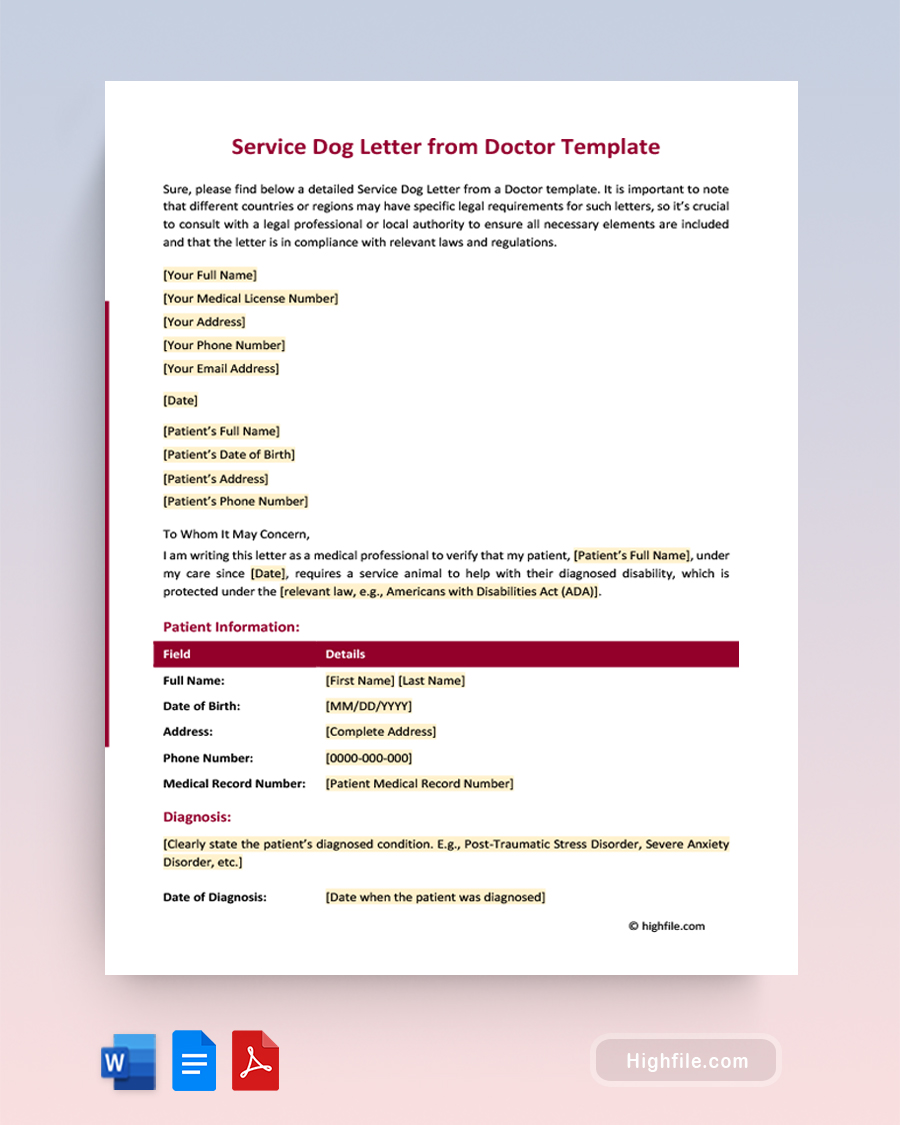 Service Dog Letter from Doctor Template - Word, PDF, Google Docs