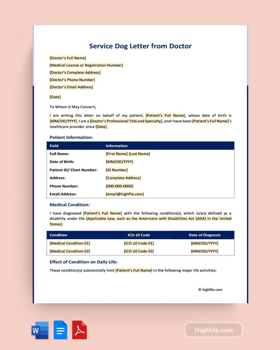 Service Dog Letter from Doctor - Word, PDF, Google Docs