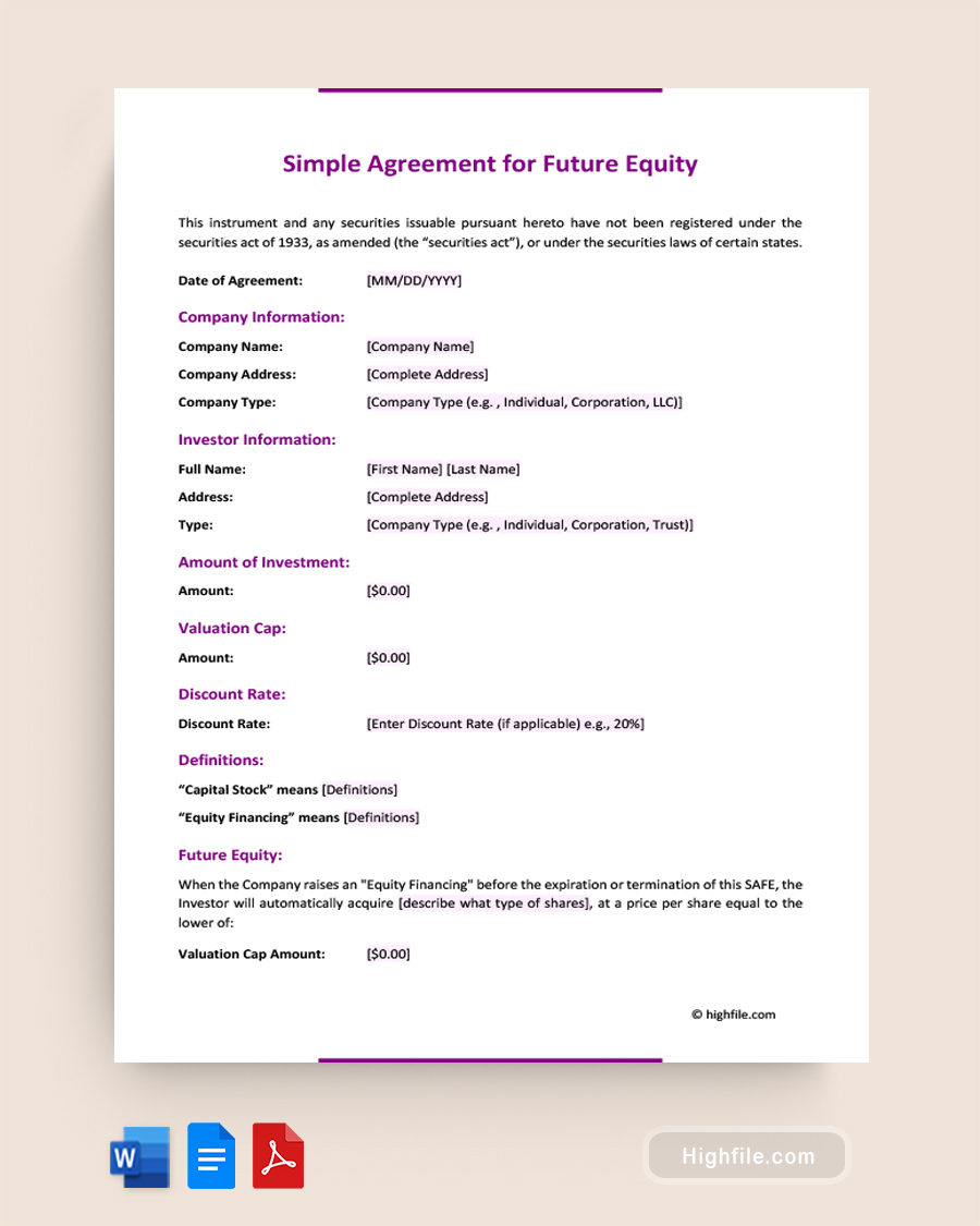 Simple Agreement for Future Equity - Word, PDF, Google Docs