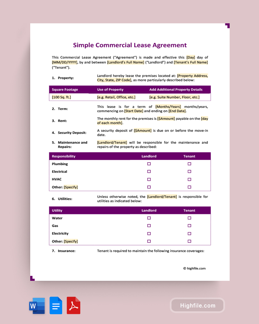 Simple Commercial Lease Agreement - Word, PDF, Google Docs