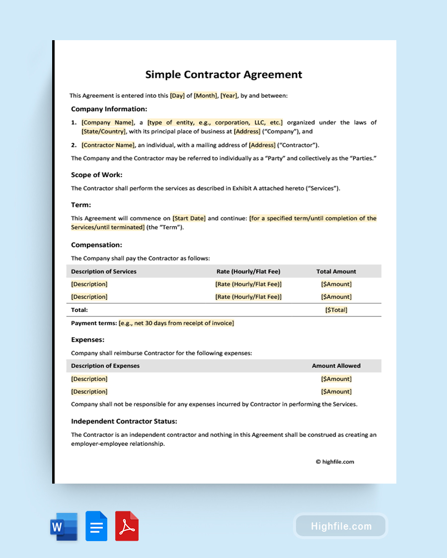 Simple Contractor Agreement - Word, PDF, Google Docs