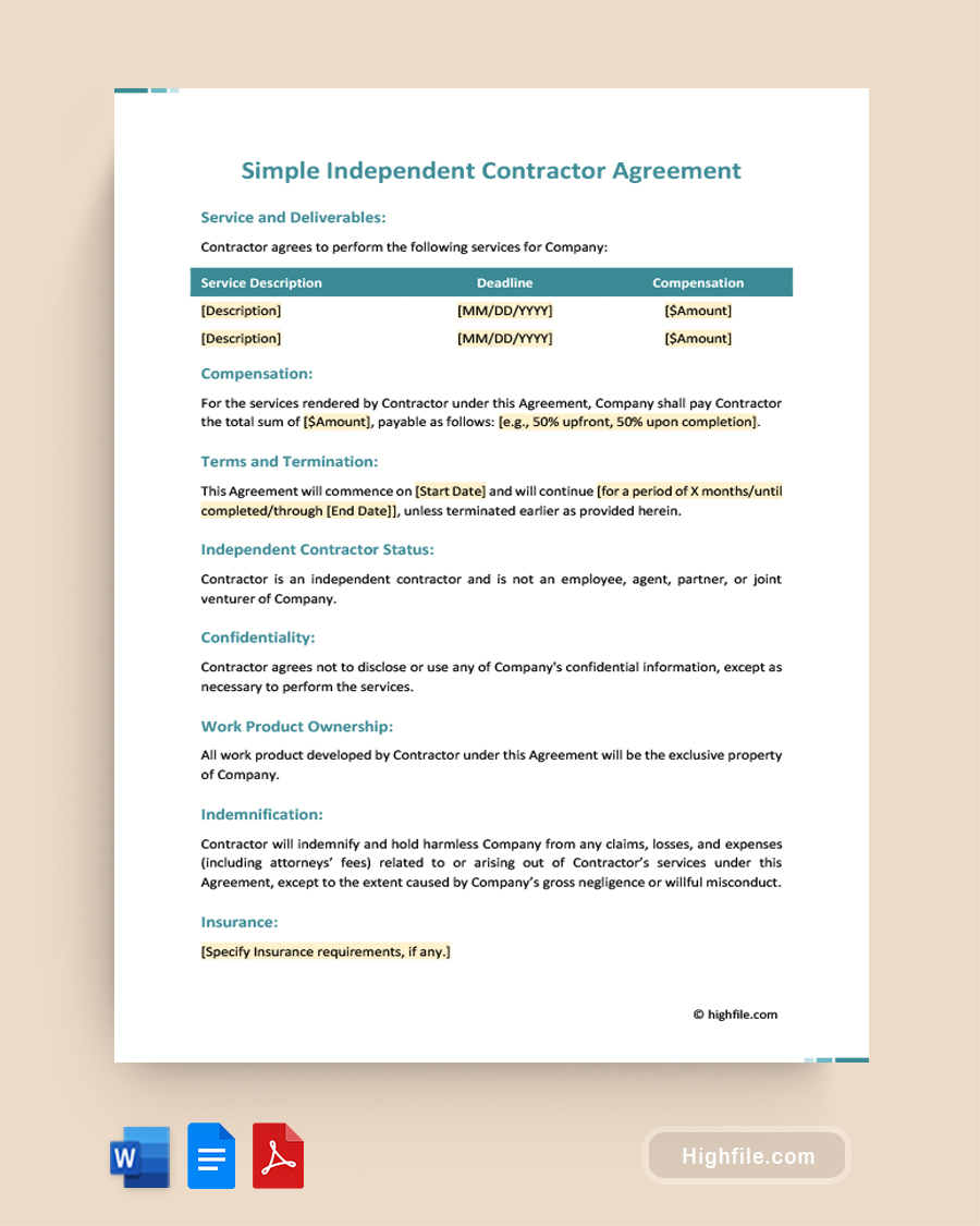 Simple Independent Contractor Agreement - Word, PDF, Google Docs