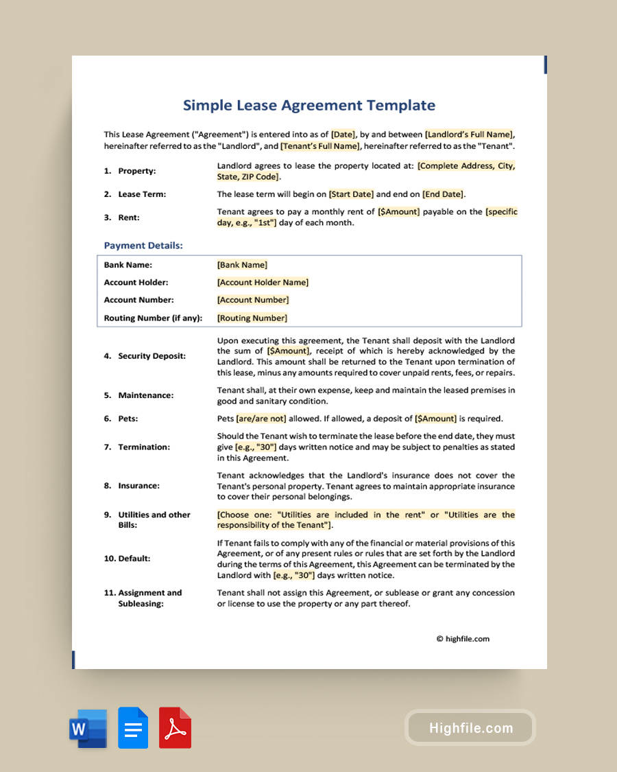 Simple Lease Agreement Template - Word, PDF, Google Docs