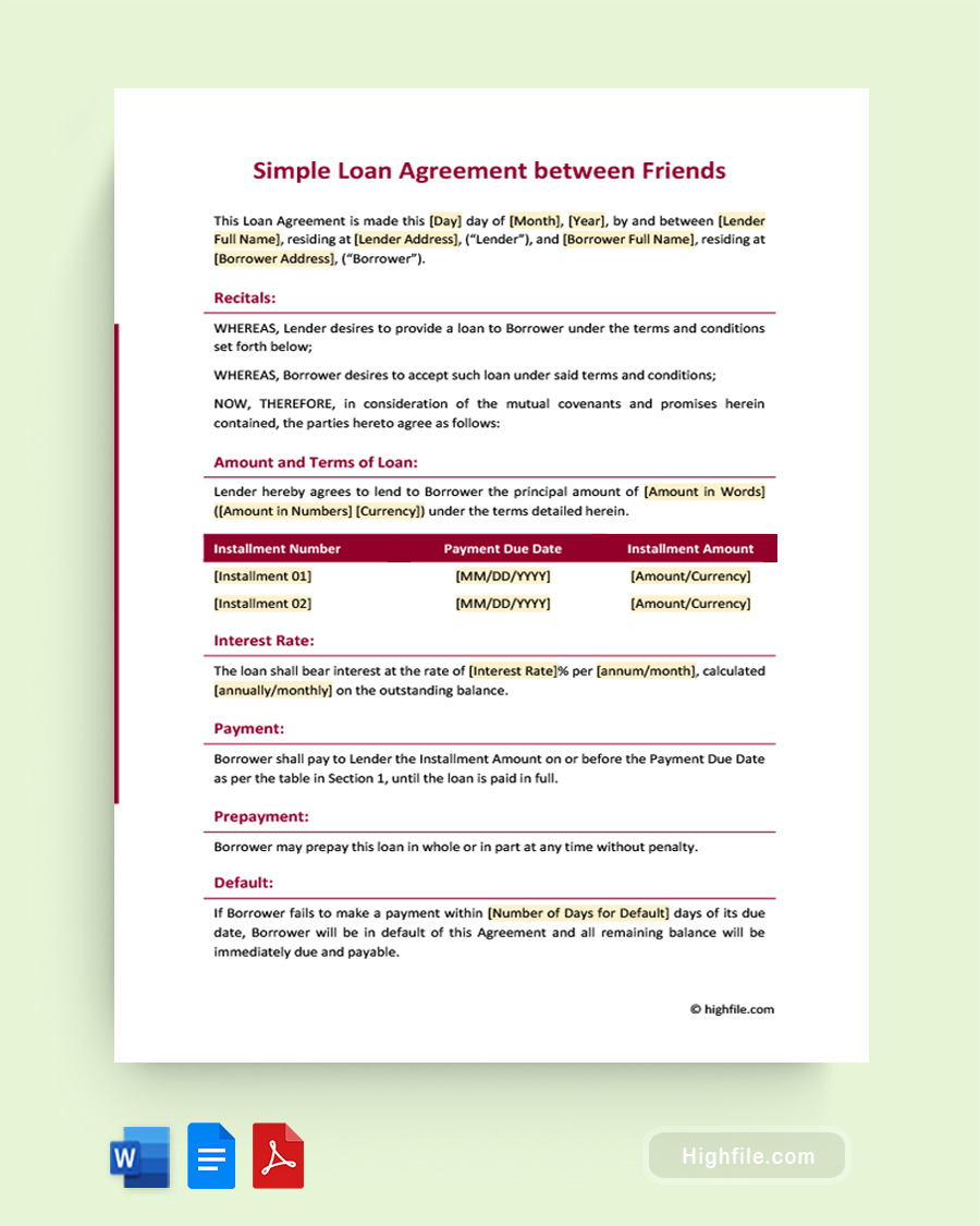 Simple Loan Agreement Between Friends - Word, PDF, Google Docs