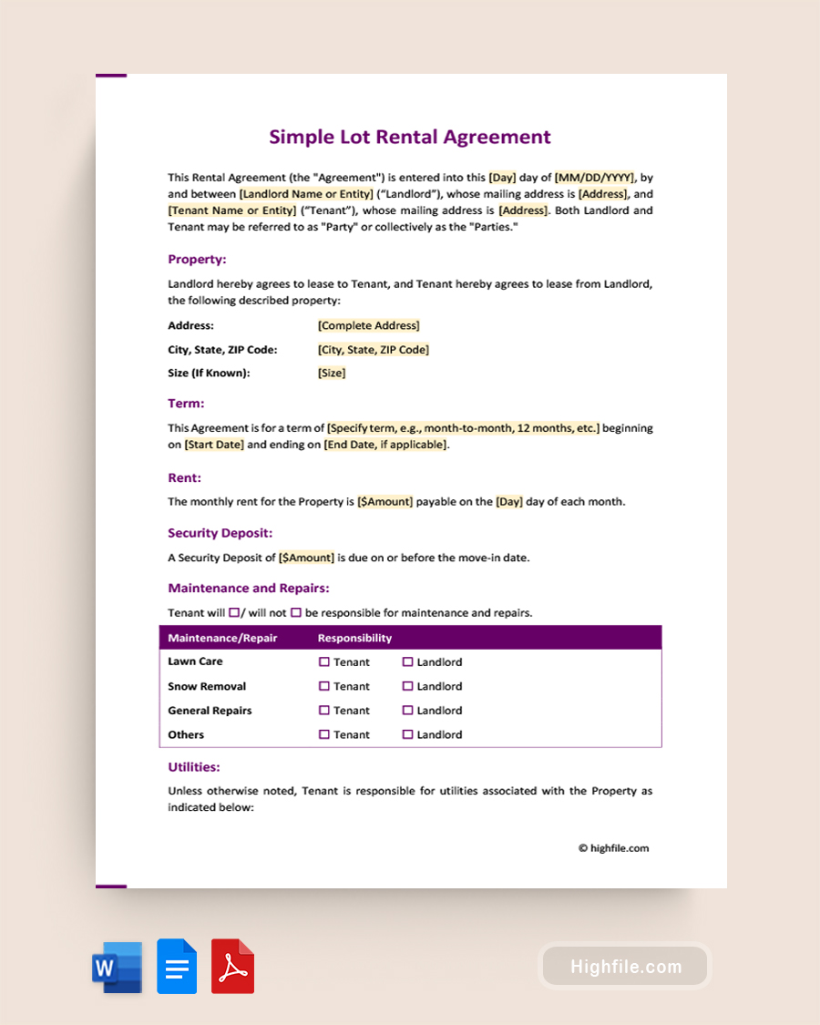 Simple Lot Rental Agreement - Word, PDF, Google Docs