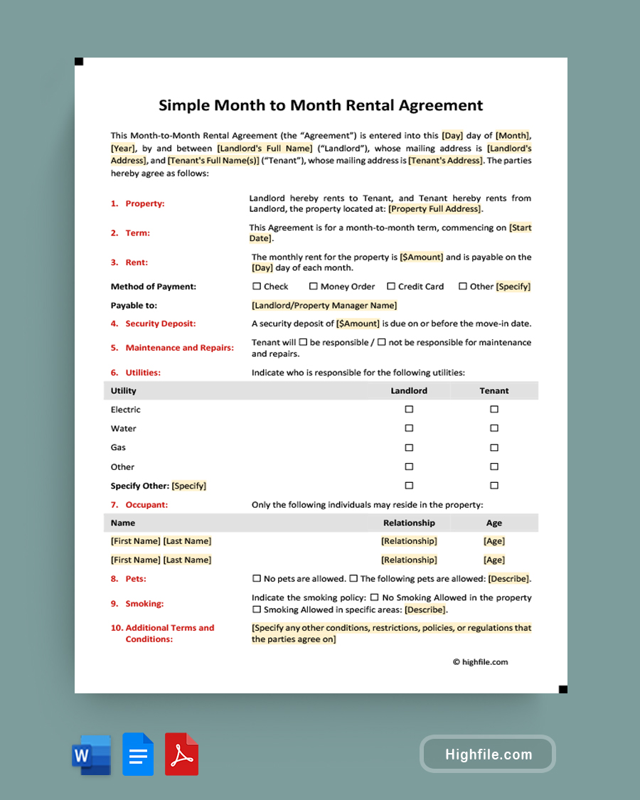 Simple Month to Month Rental Agreement - Word, PDF, Google Docs