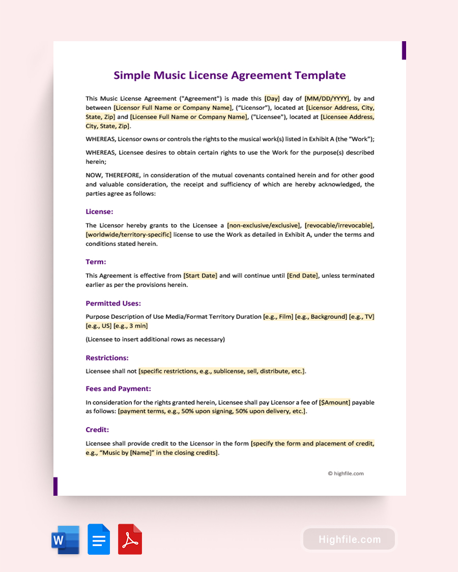 Simple Music License Agreement Template - Word, PDF, Google Docs