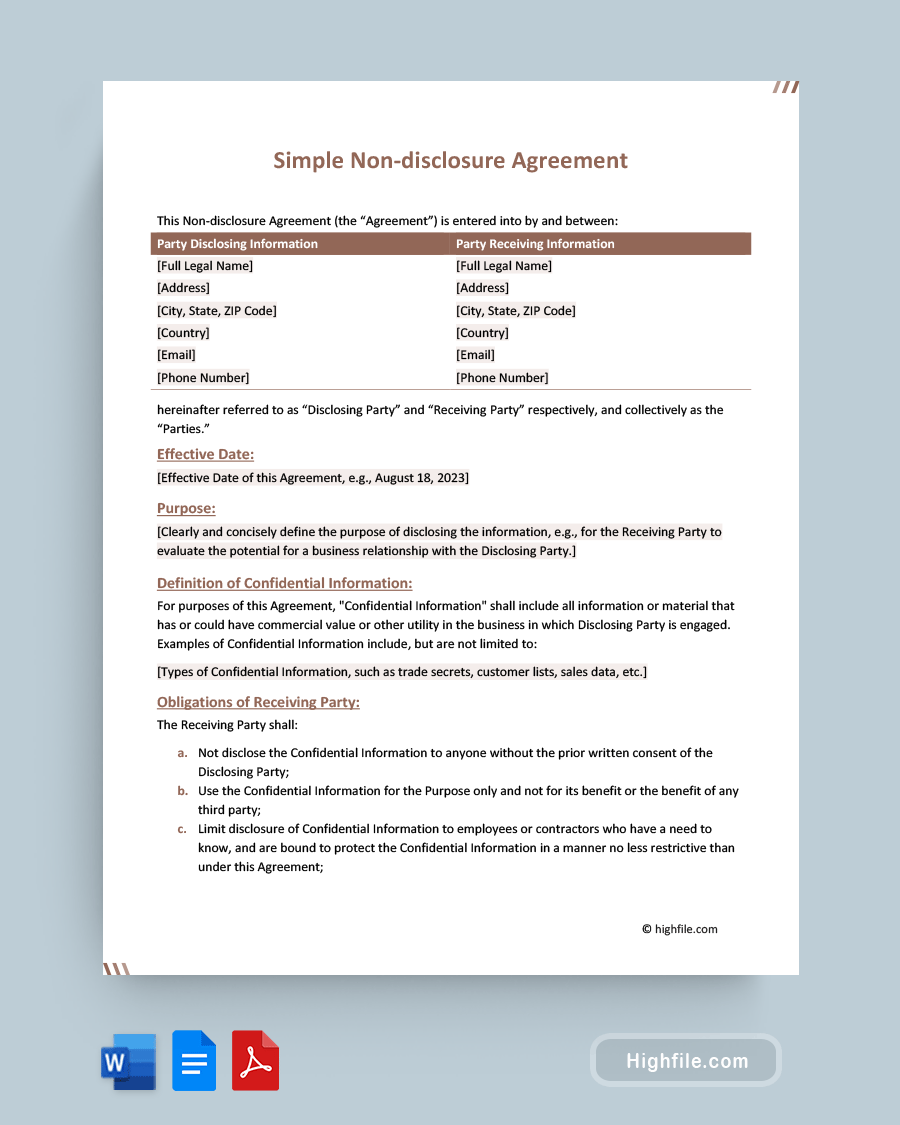 Simple Non-disclosure Agreement - Word, PDF, Google Docs