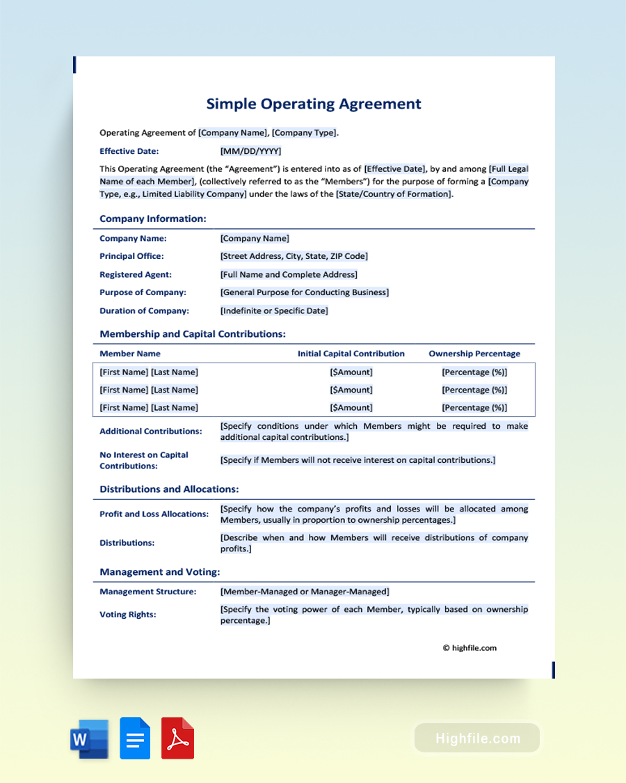 Simple Operating Agreement - Word, PDF, Google Docs