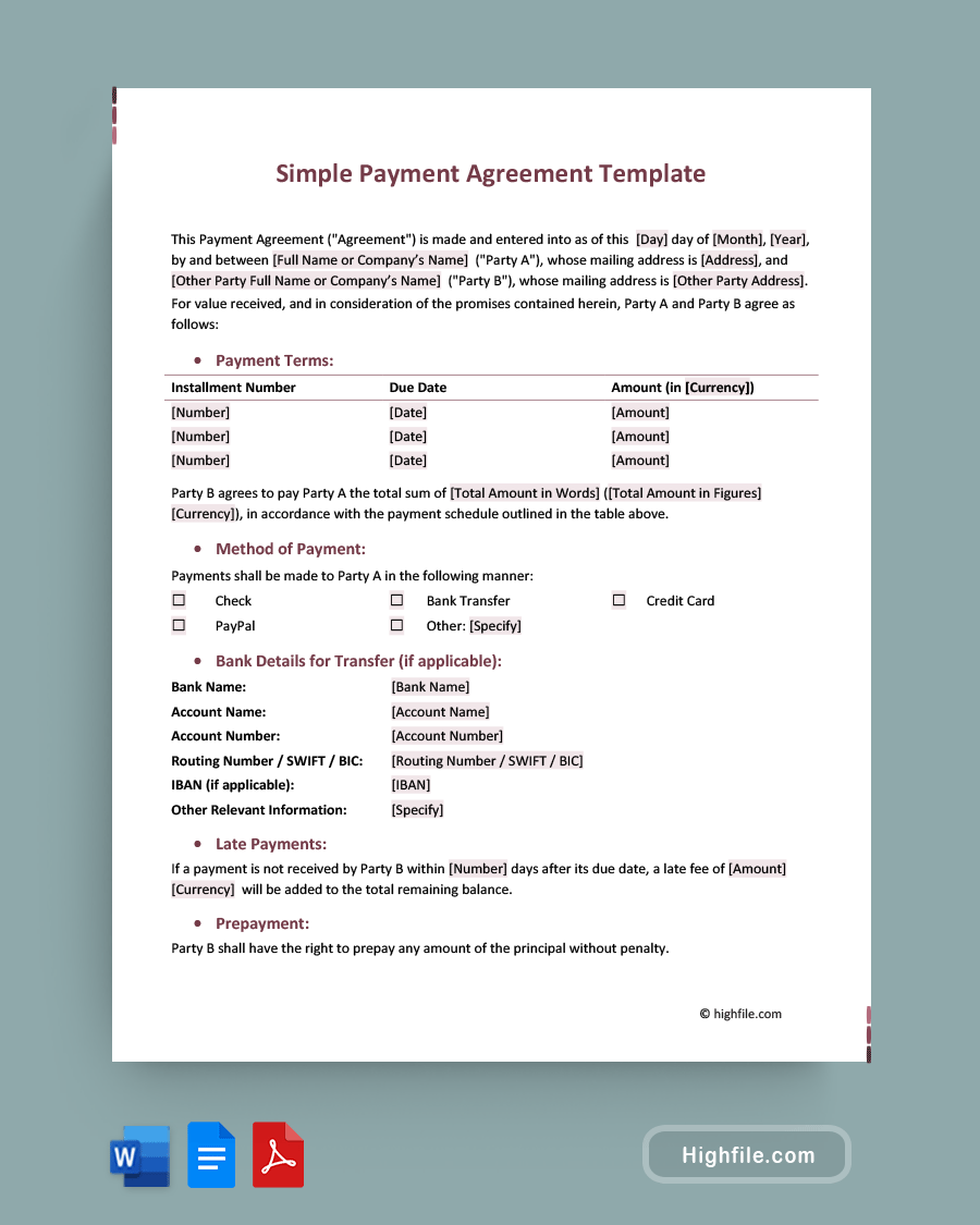 Simple Payment Agreement Template - Word, PDF, Google Docs