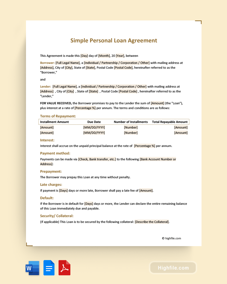 Simple Personal Loan Agreement - Word, PDF, Google Docs