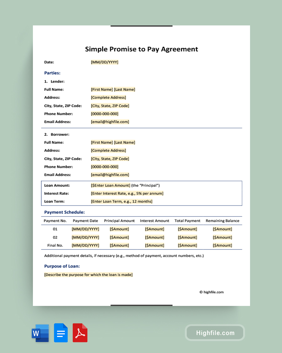 Simple Promise to Pay Agreement - Word, PDF, Google Docs