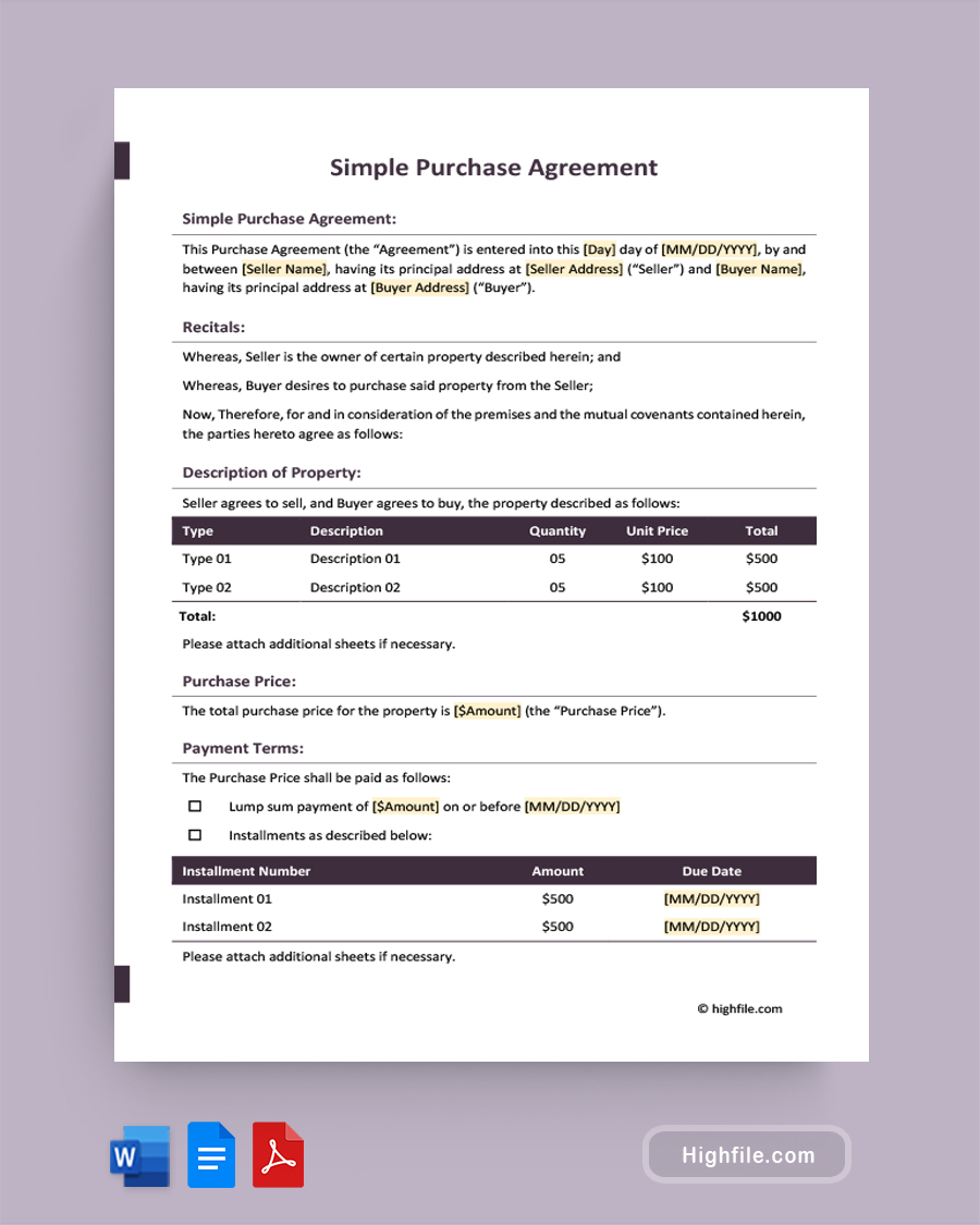 Simple Purchase Agreement - Word, PDF, Google Docs