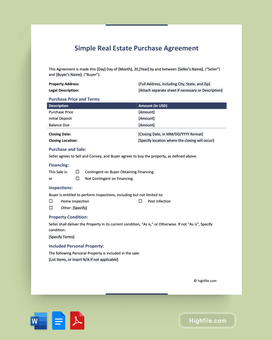 Simple Real Estate Purchase Agreement - Word, PDF, Google Docs