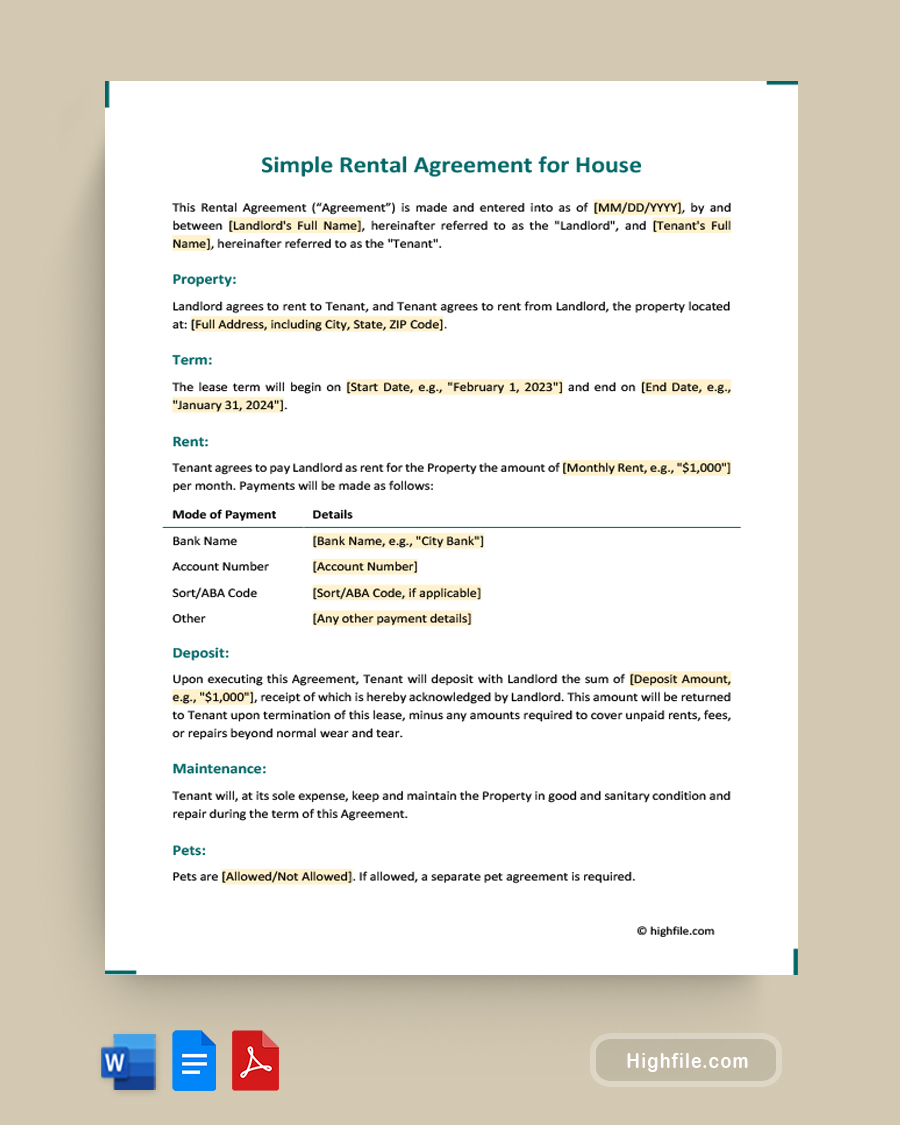 Simple Rental Agreement for House - Word, PDF, Google Docs