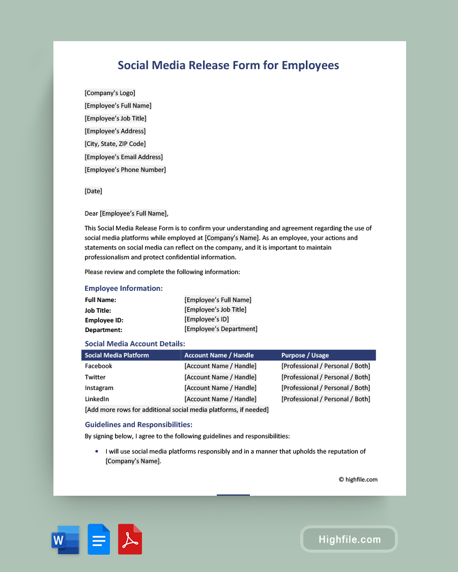 Social Media Release Form for Employees - Word, PDF, Google Docs