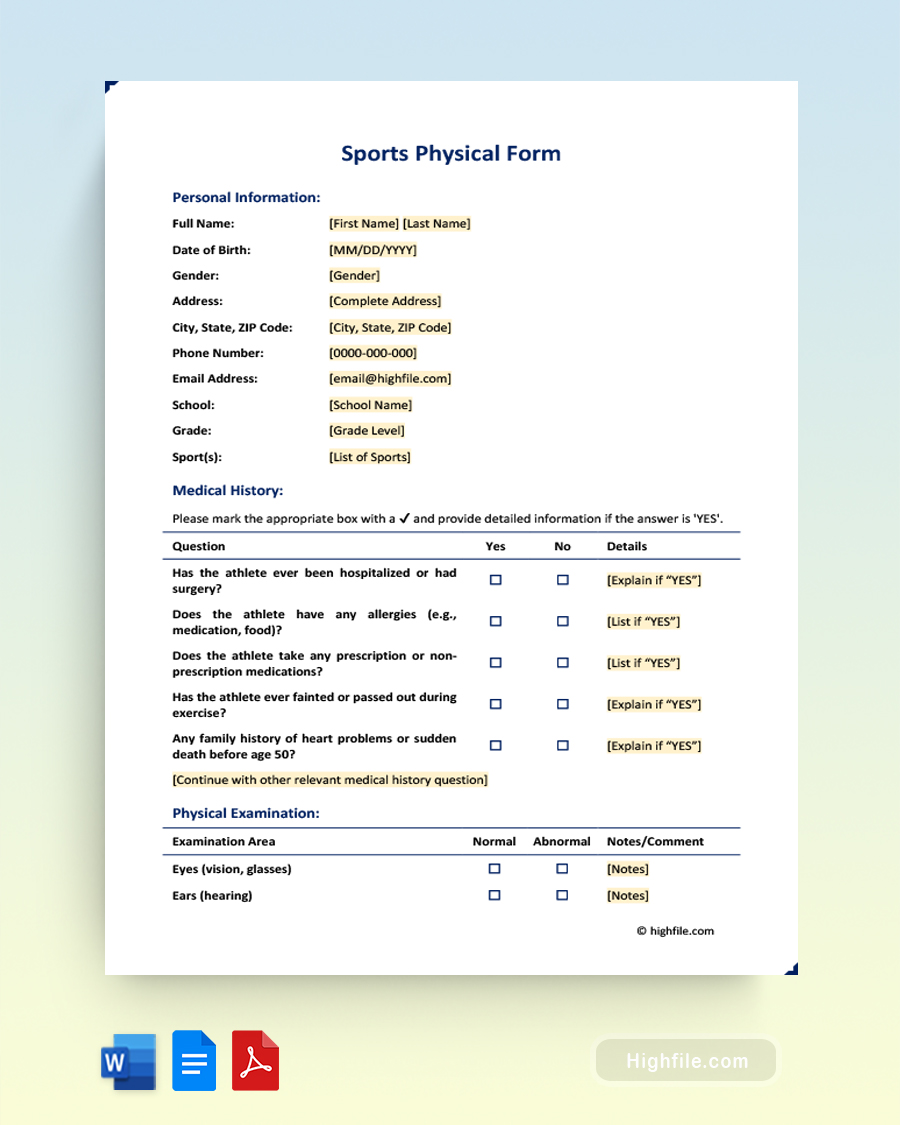 Sports Physical Form - Word, PDF, Google Docs