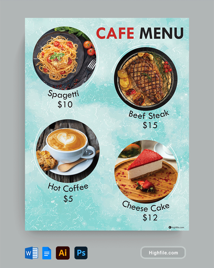 Teal Cafe Menu Template - Word, Google Docs, Adobe Illustrator, Adobe Photoshop