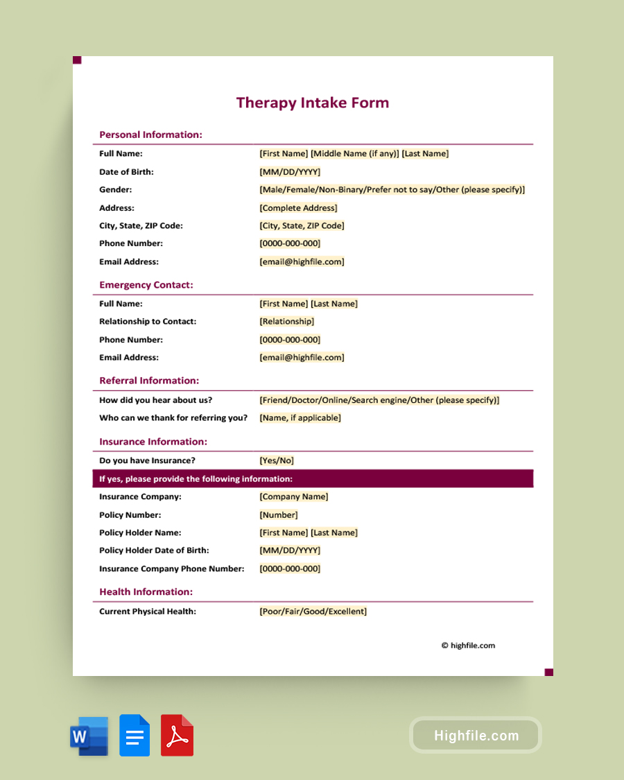 Therapy Intake Form - Word, PDF, Google Docs