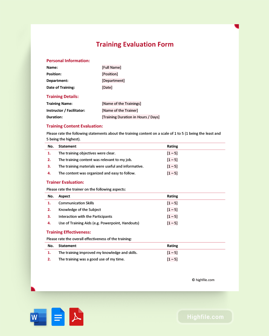 Training Evaluation Form - Word, PDF, Google Docs