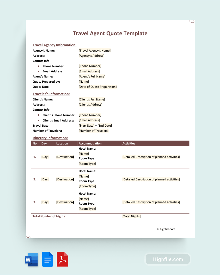 Travel Agent Quote Template - Word, PDF, Google Docs