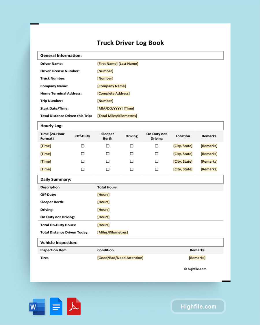 Truck Driver Log Book - Word, PDF, Google Docs