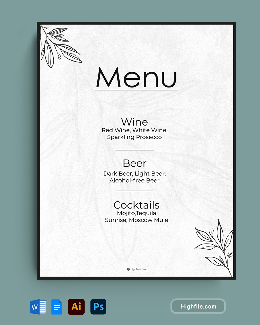 Wedding Bar Menu Template - Word, Google Docs, Adobe Illustrator, Adobe Photoshop
