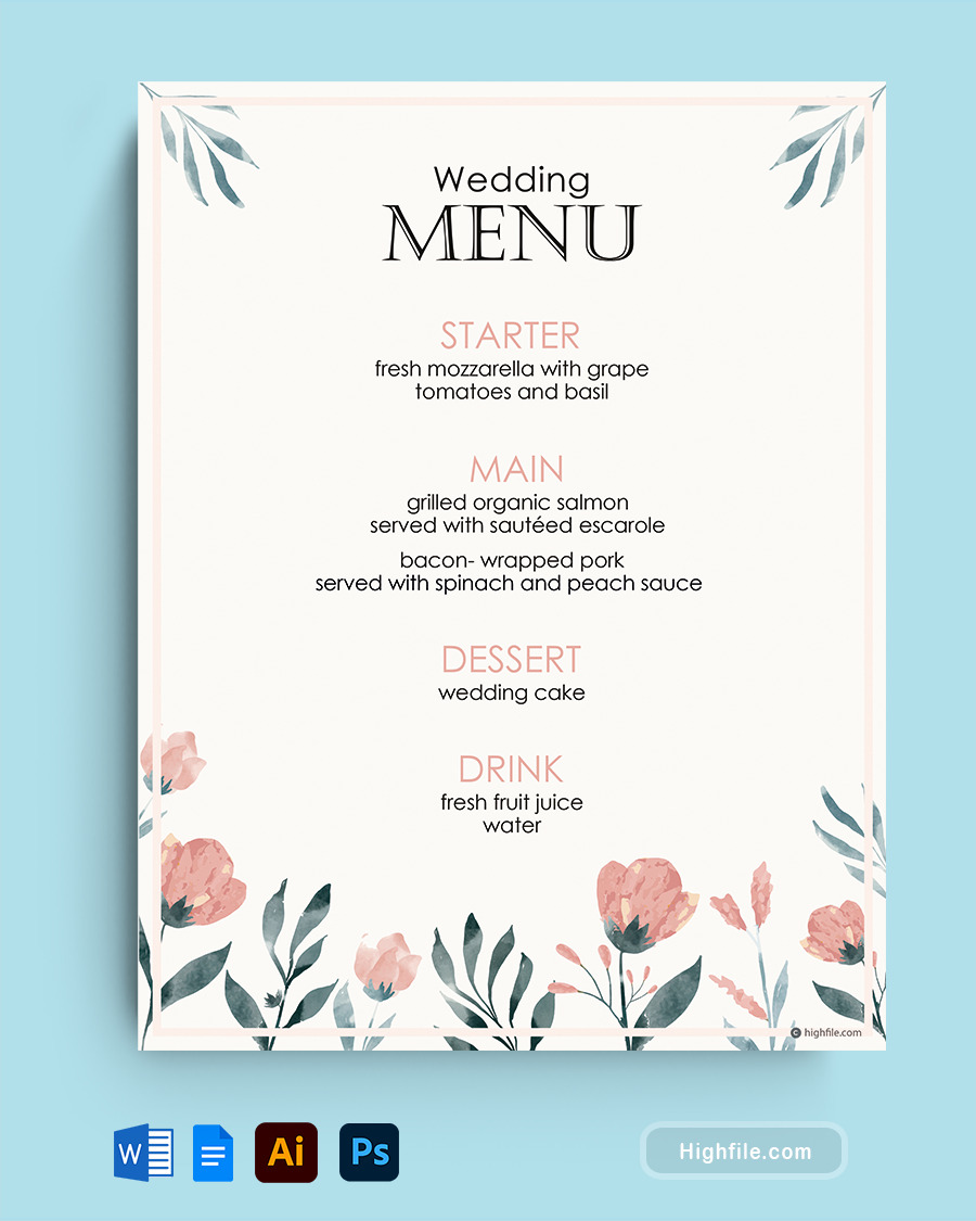 Wedding Dinner Menu Template - Word, Google Docs, Adobe Illustrator, Adobe Photoshop