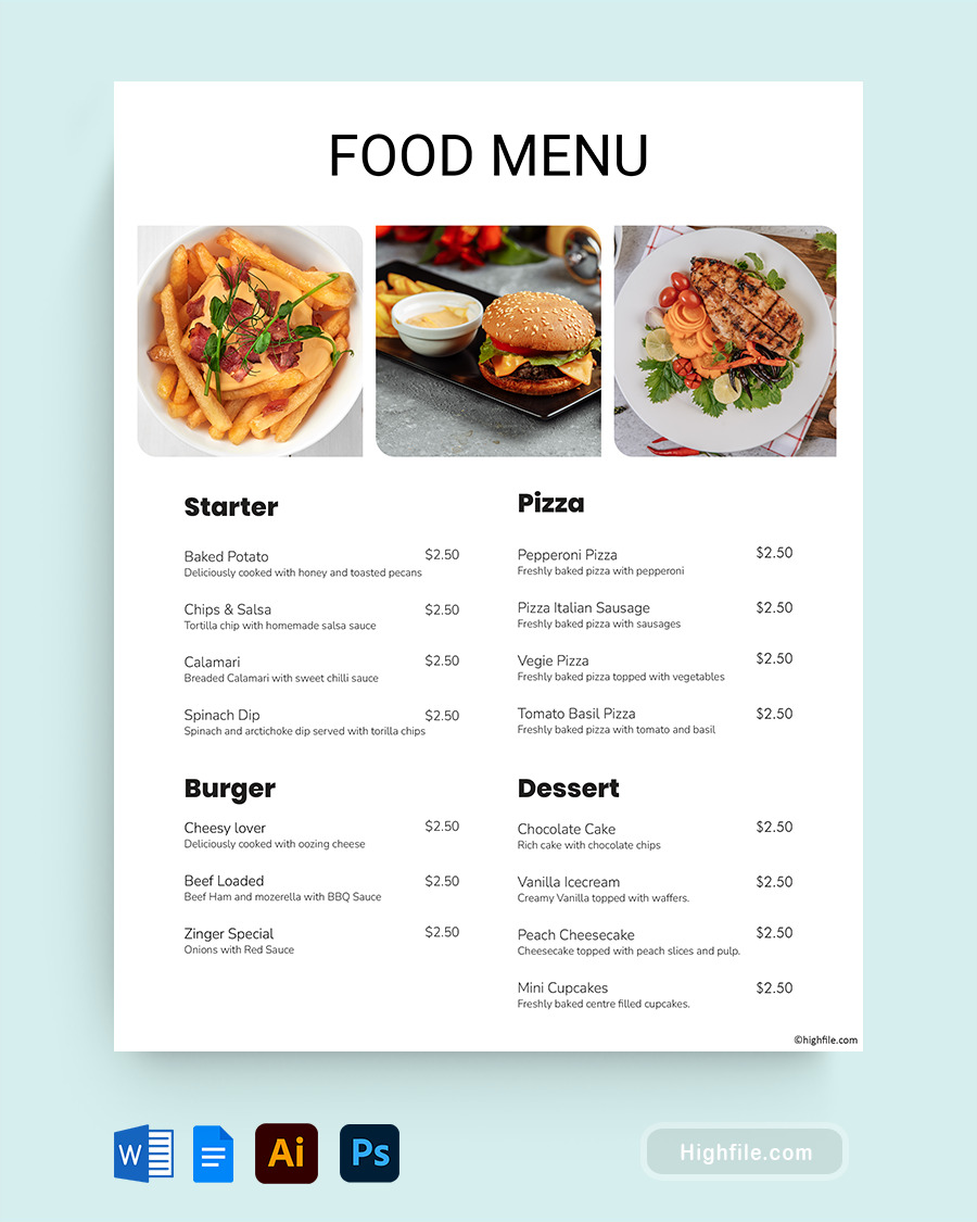White Food Menu Template - Word, Google Docs, Adobe Illustrator, Adobe Photoshop