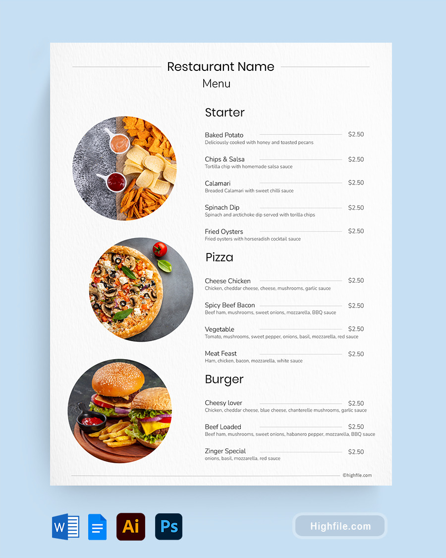 White Restaurant Menu Template - Word, Google Docs, Adobe Illustrator, Adobe Photoshop