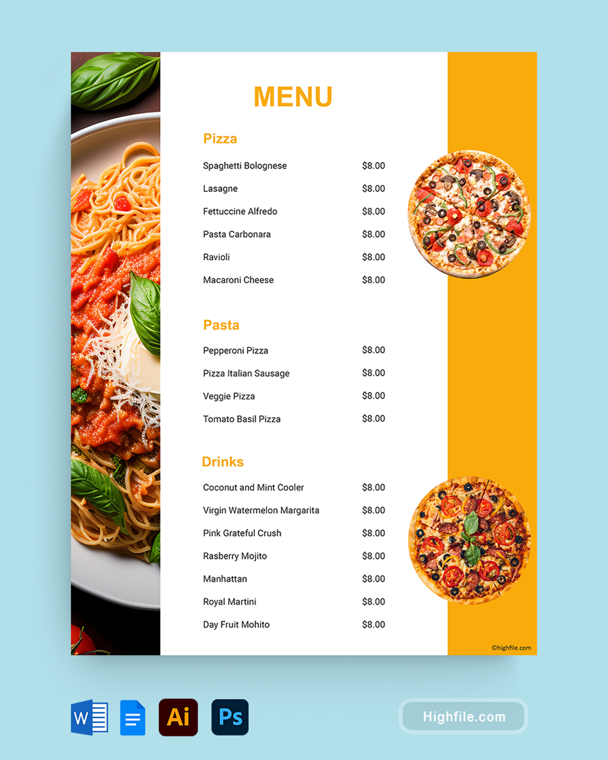 Yellow Food Menu Template  - Word, Google Docs, Adobe Illustrator, Adobe Photoshop