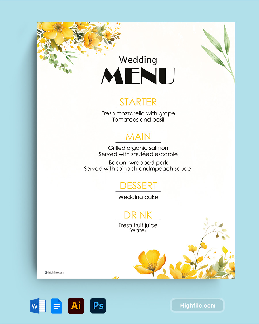 Yellow Wedding Menu Template - Word, Google Docs, Adobe Illustrator, Adobe Photoshop