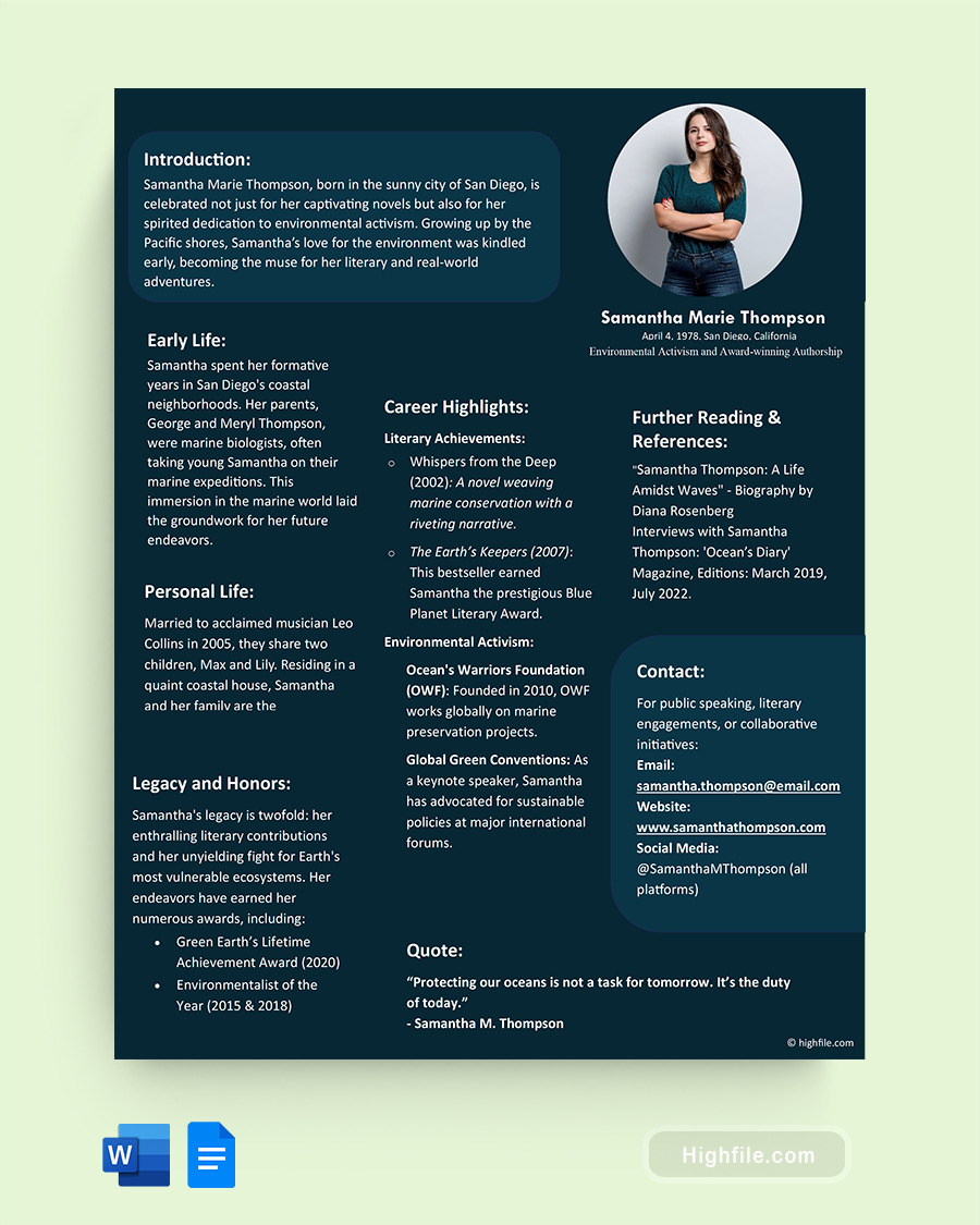 1 Page Biography Template  - Word, Google Docs