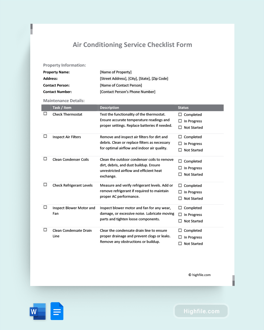 Air Conditioning Service Checklist Form - Word, Google Docs