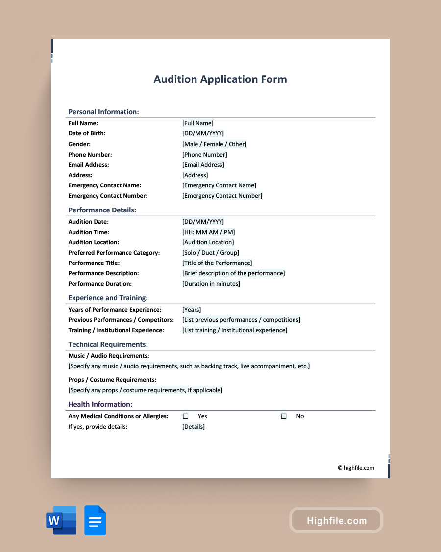 Audition Application Form - Word, Google Docs