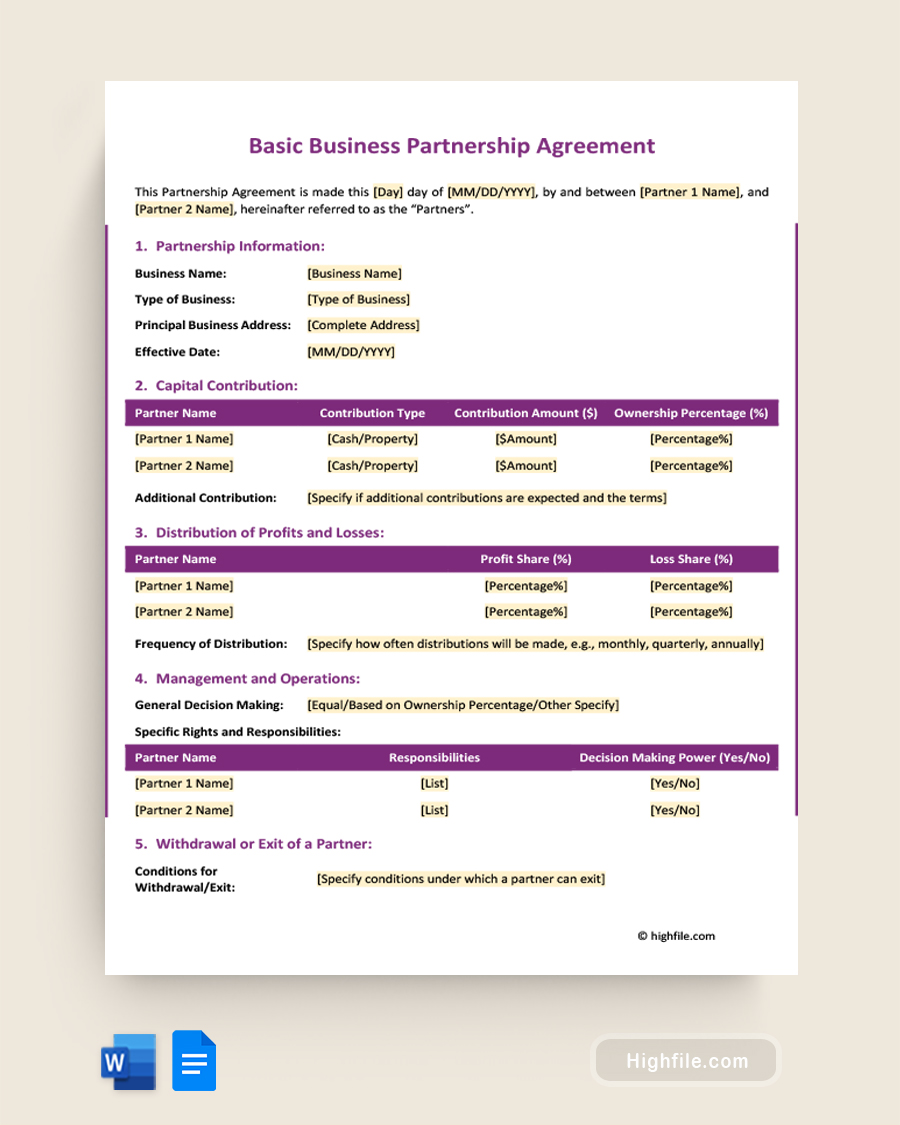 Basic Business Partnership Agreement - Word, Google Docs