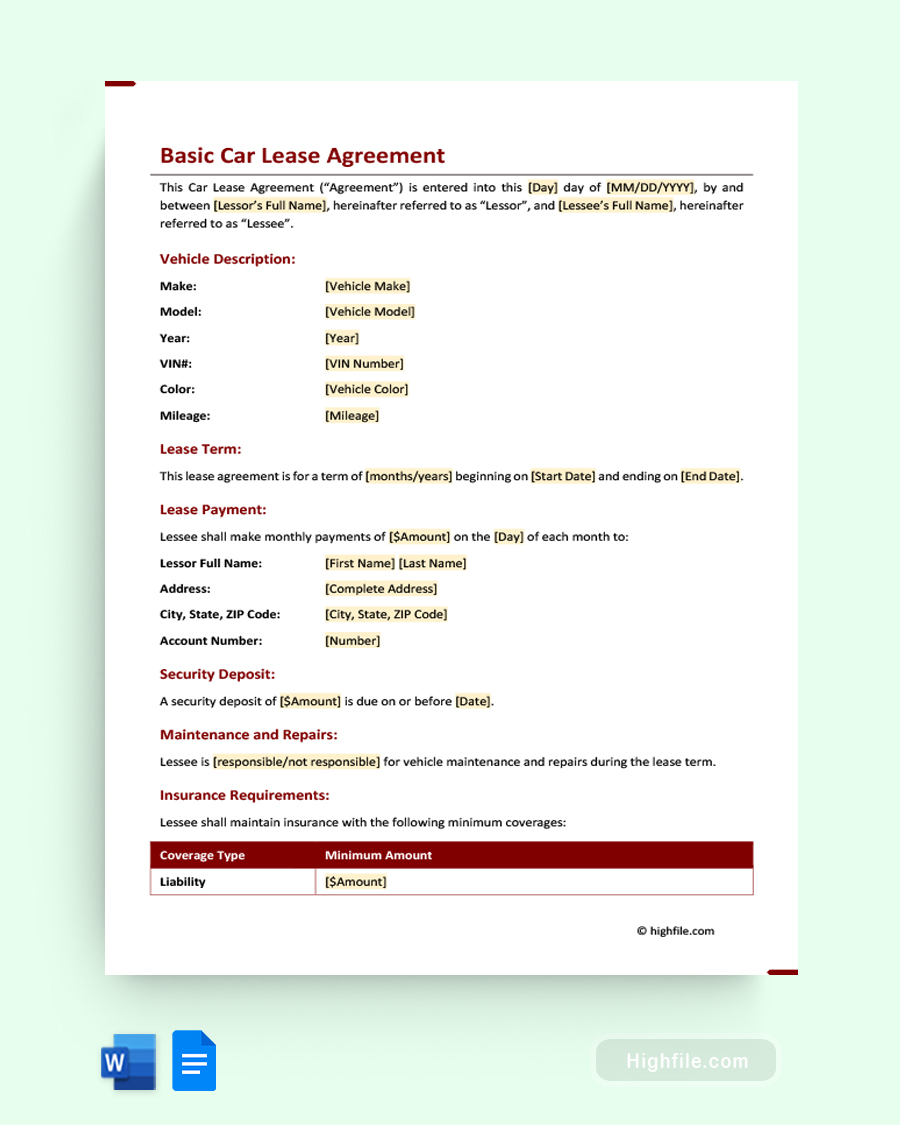 Basic Car Lease Agreement - Word, Google Docs